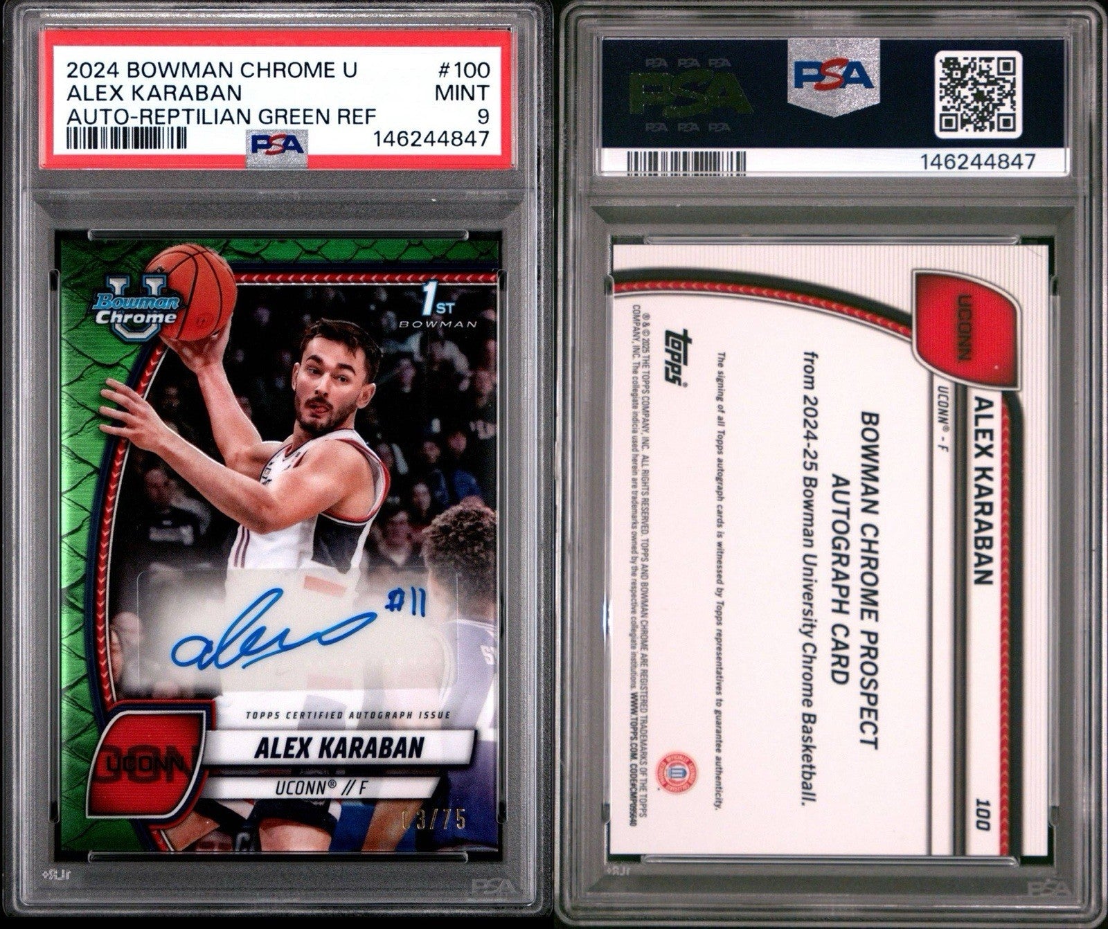 2024 Bowman Chrome U Alex Karaban #100 Reptilian Green /75 - PSA 9