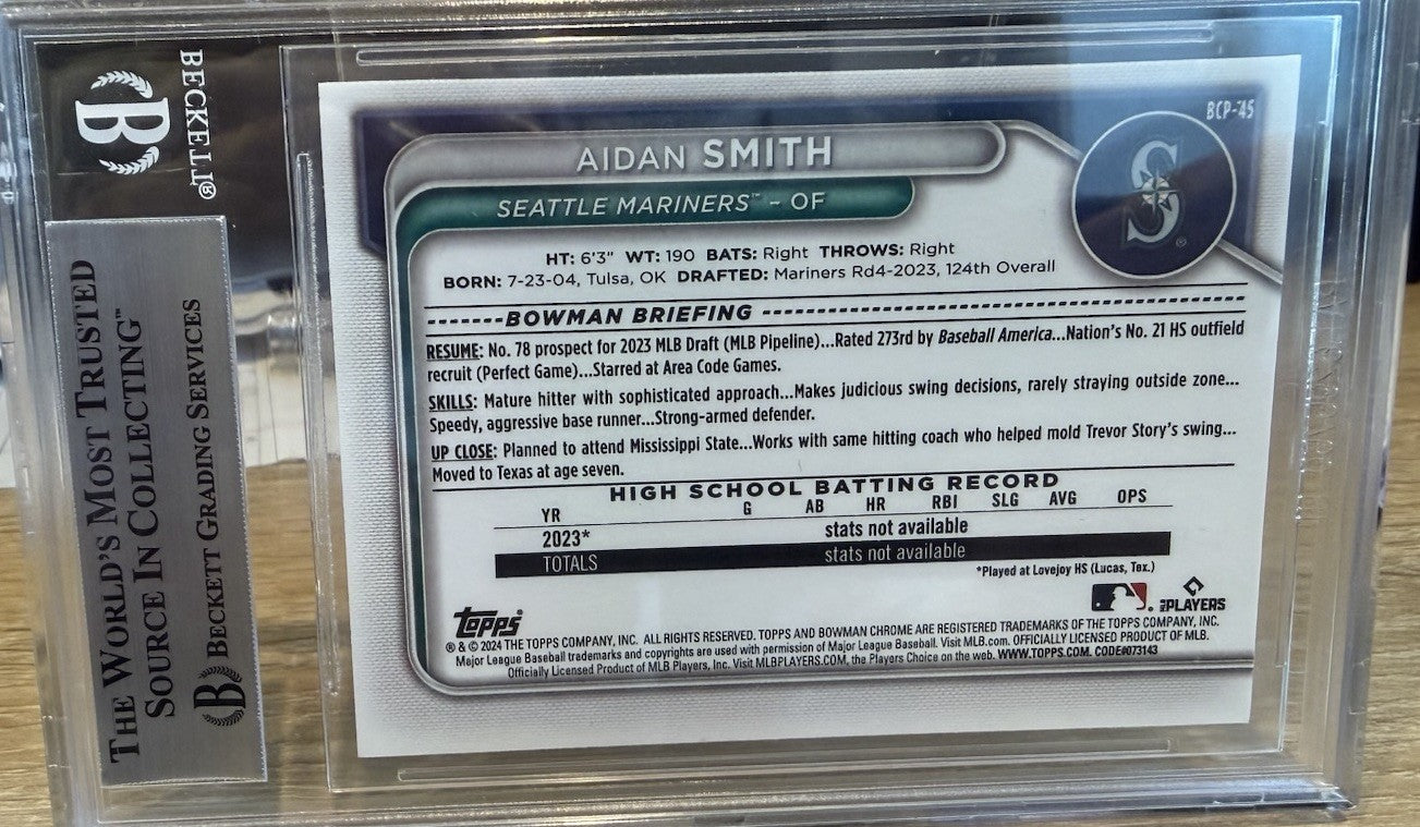 Signed 2024 Bowman Chrome #BCP45 - Aidan Smith - Beckett BAS Slab