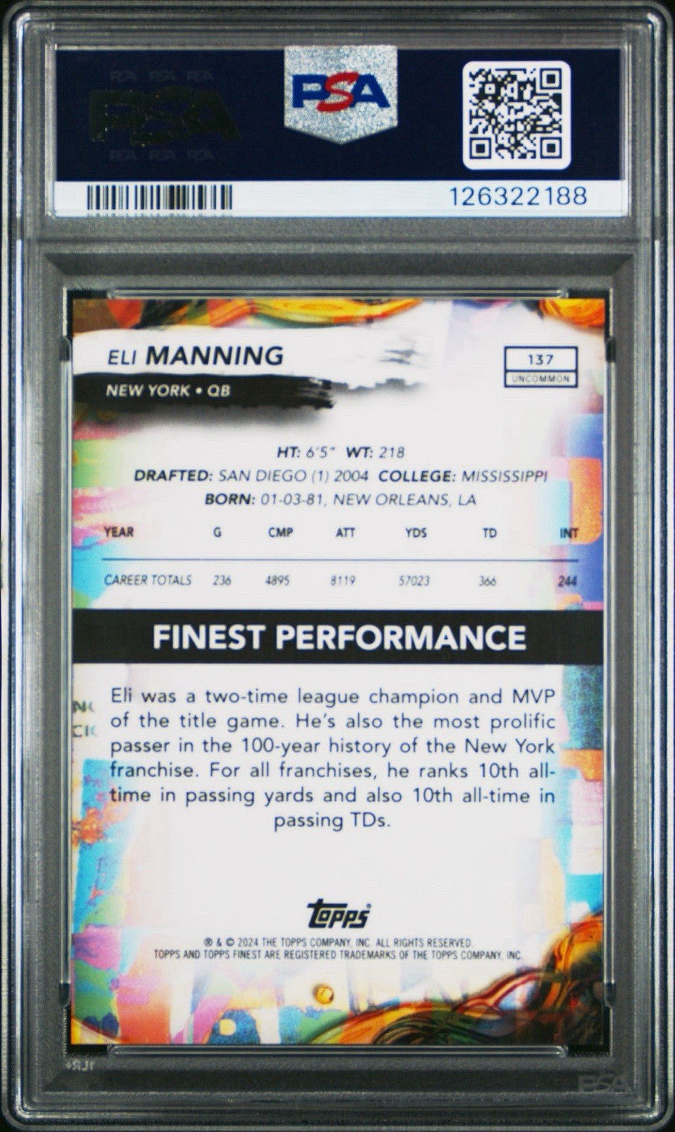 Eli Manning 2024 Topps Finest #137 Gold Geometric #d/25 - PSA 8