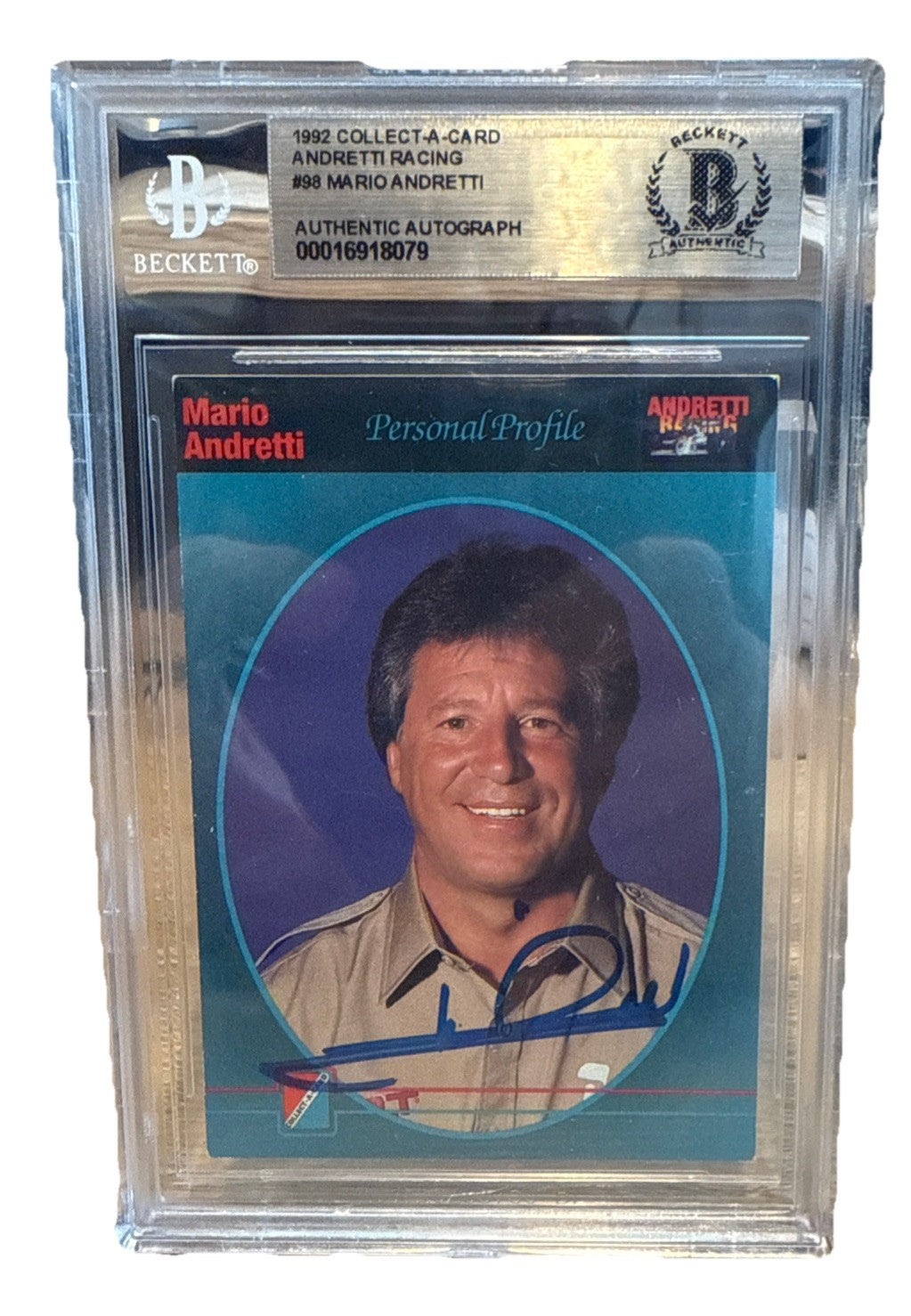 MARIO ANDRETTI Signed 1992 Collect A Card #98 Beckett BAS encased Indy Racing