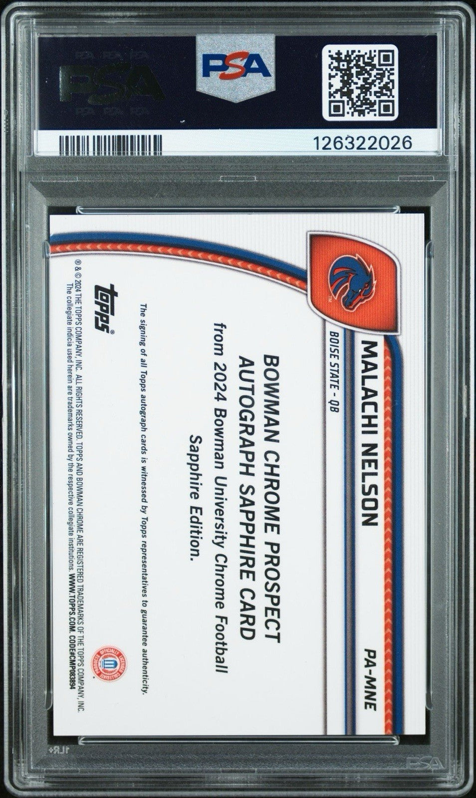 2024 Bowman University Chrome Sapphire Malachi Nelson - Black Ref #d /10 PSA 8