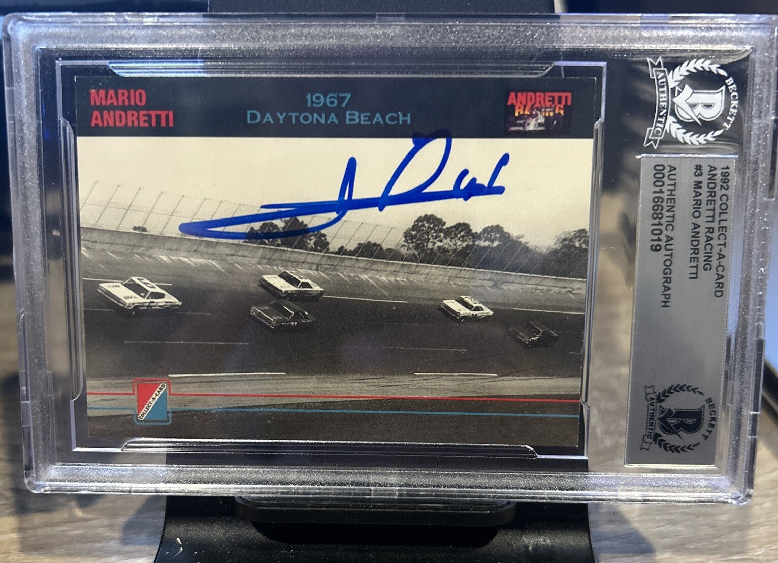 MARIO ANDRETTI Signed 1992 Collect A Card #3 Beckett BAS encased Indy Racing