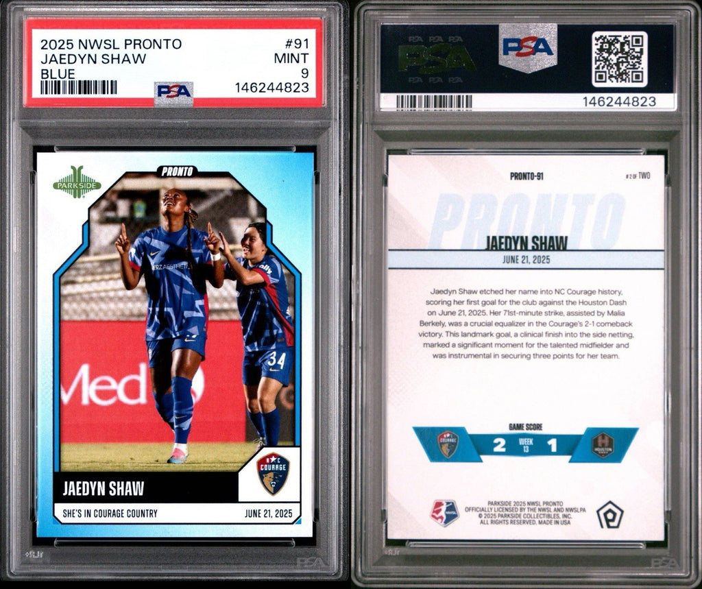 Jaedyn Shaw 2025 Parkside NWSL Pronto BLUE #91 - 2/2    PSA 9 Mint