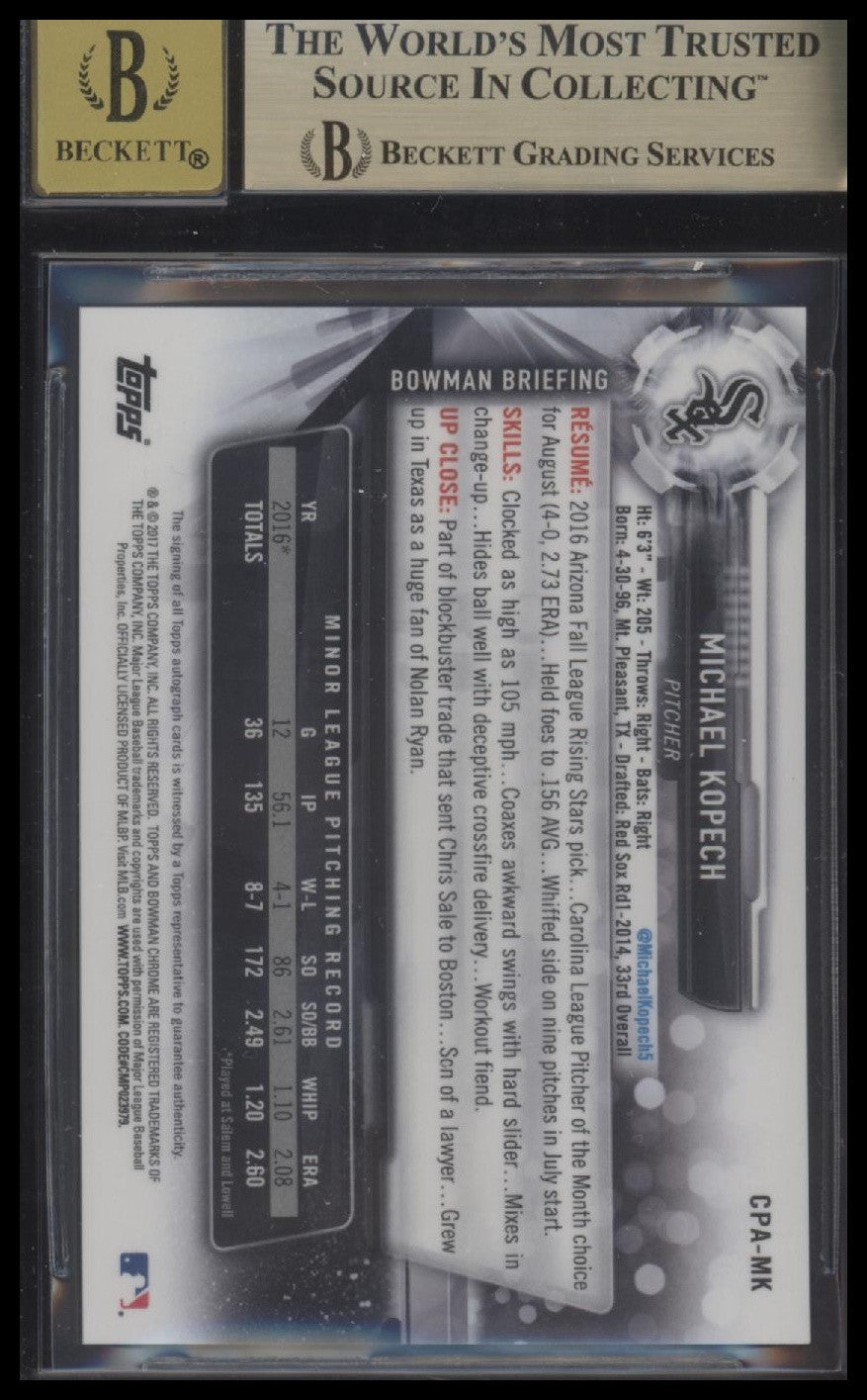 2017 Bowman Chrome #CPA-MK Michael Kopech Prospect Autographs BGS 9.5/10