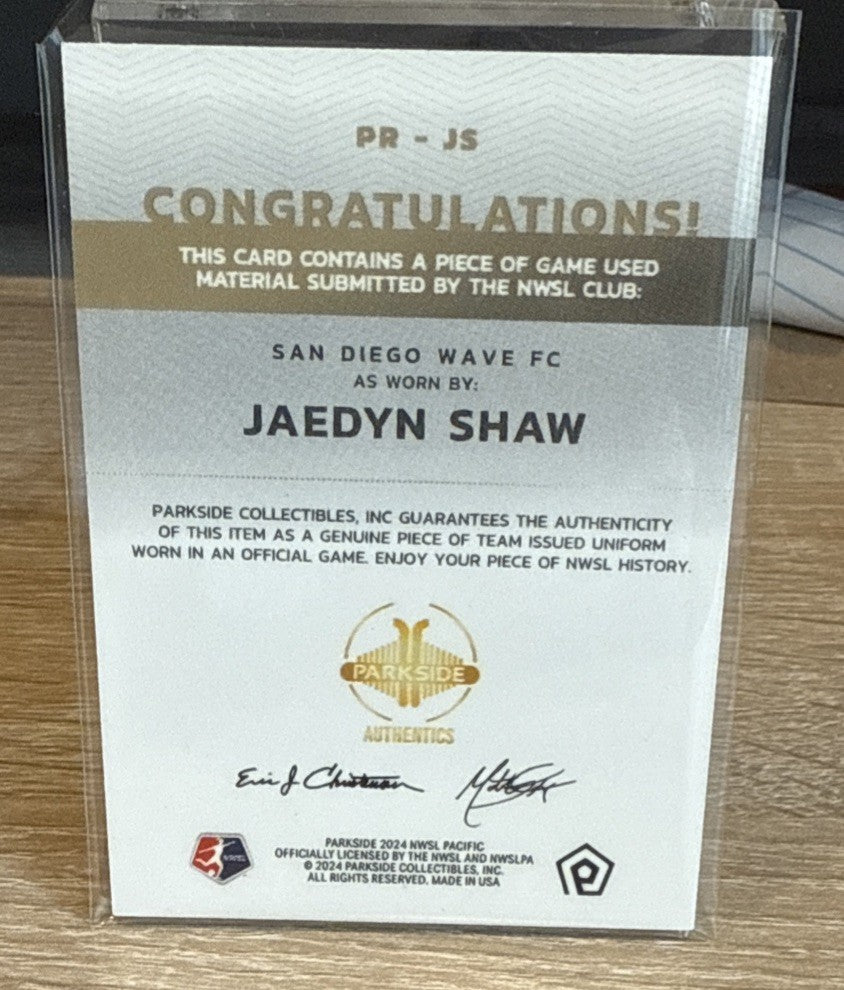 Jaedyn Shaw 2024 NWSL Parkside Pacific Game Worn Relic #PR-JS - San Diego Wave