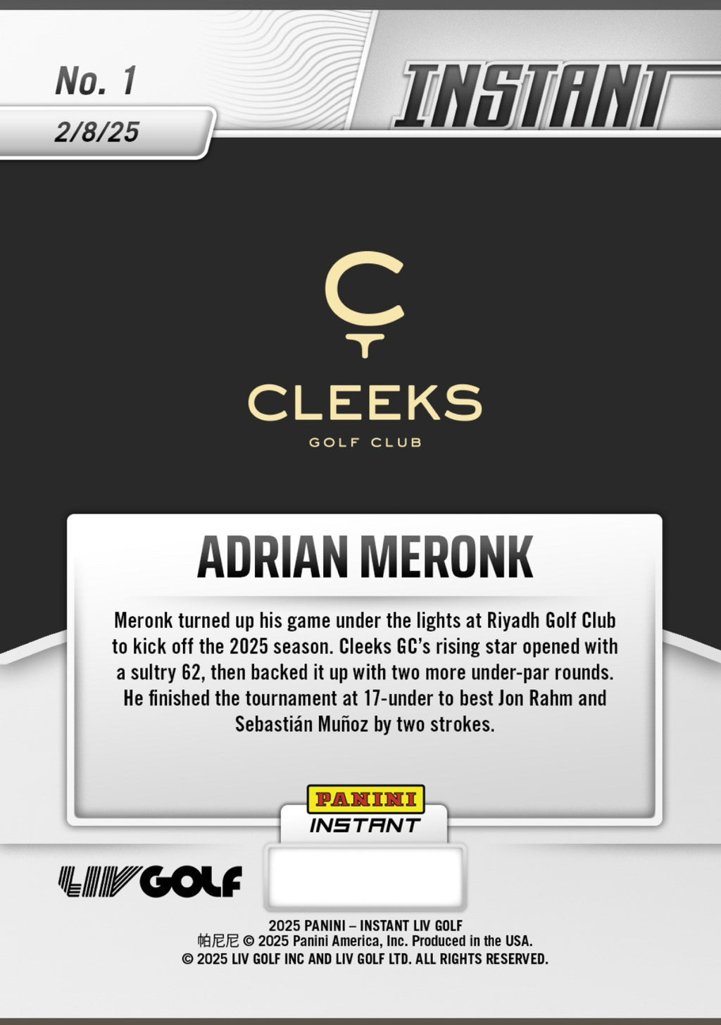 Adrian Meronk 2025 PANINI INSTANT LIV GOLF #1 Water Auto  #d /10