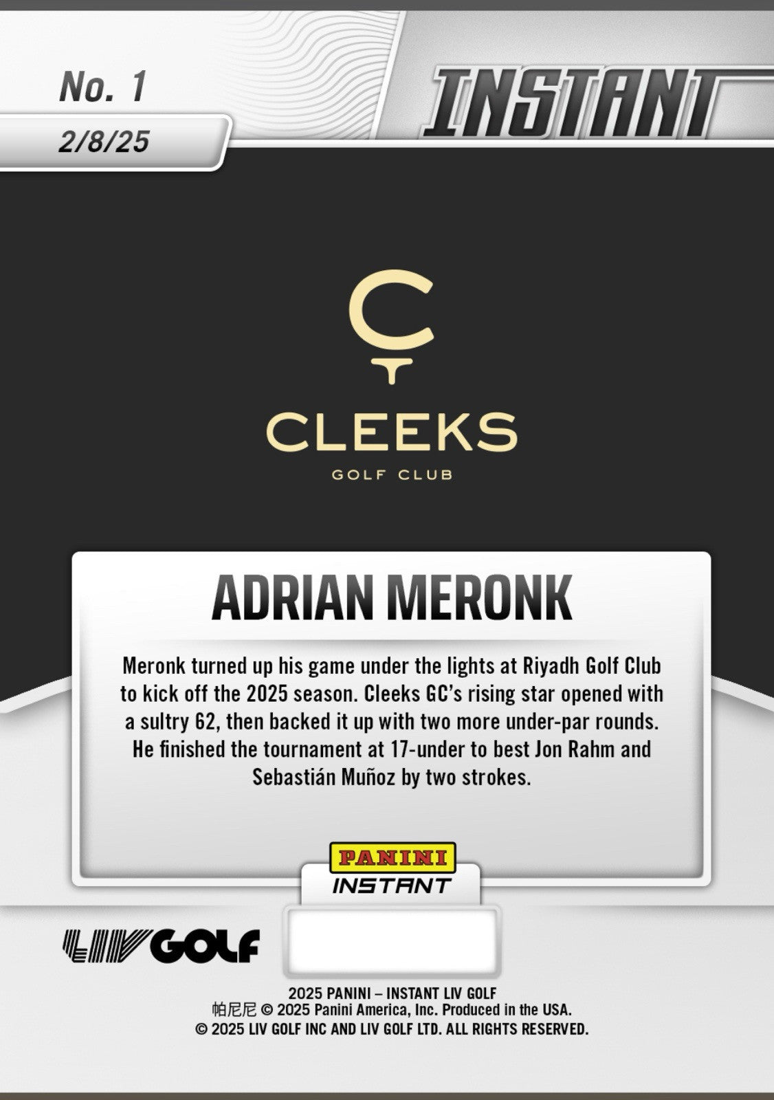 Adrian Meronk 2025 PANINI INSTANT LIV GOLF #1 Water Auto  #d /10