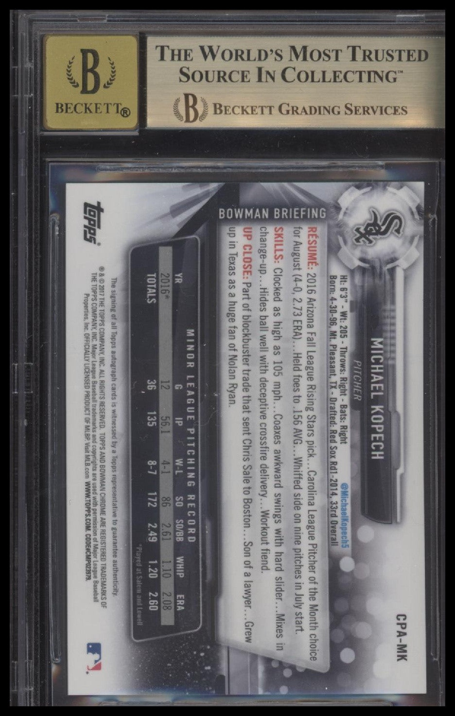 2017 Bowman Chrome #CPA-MK Michael Kopech Prospect Autographs BGS 9.5/10