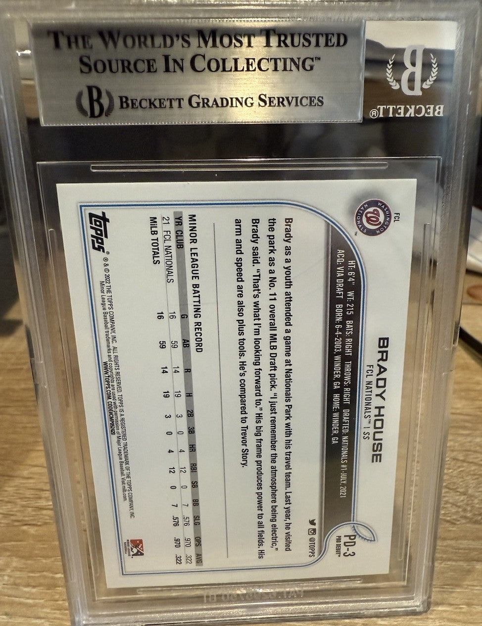 Signed Brady House 2023 Topps Pro Debut #PD3 - Beckett BAS Slab
