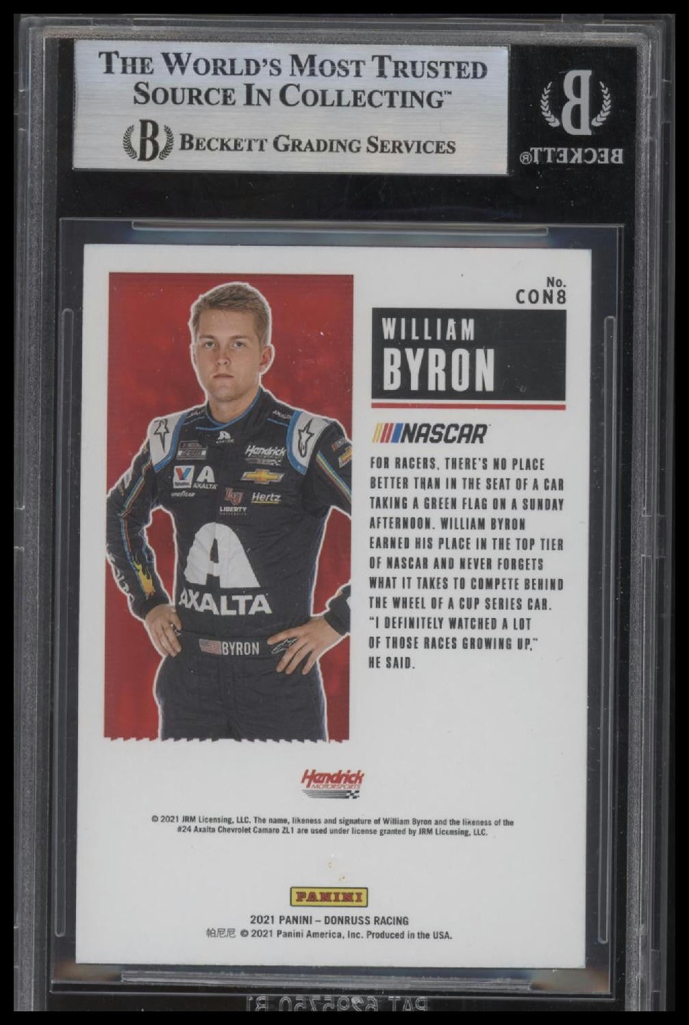 Signed 2021 Donruss #CON8 William Byron Contenders - Beckett BAS Slab
