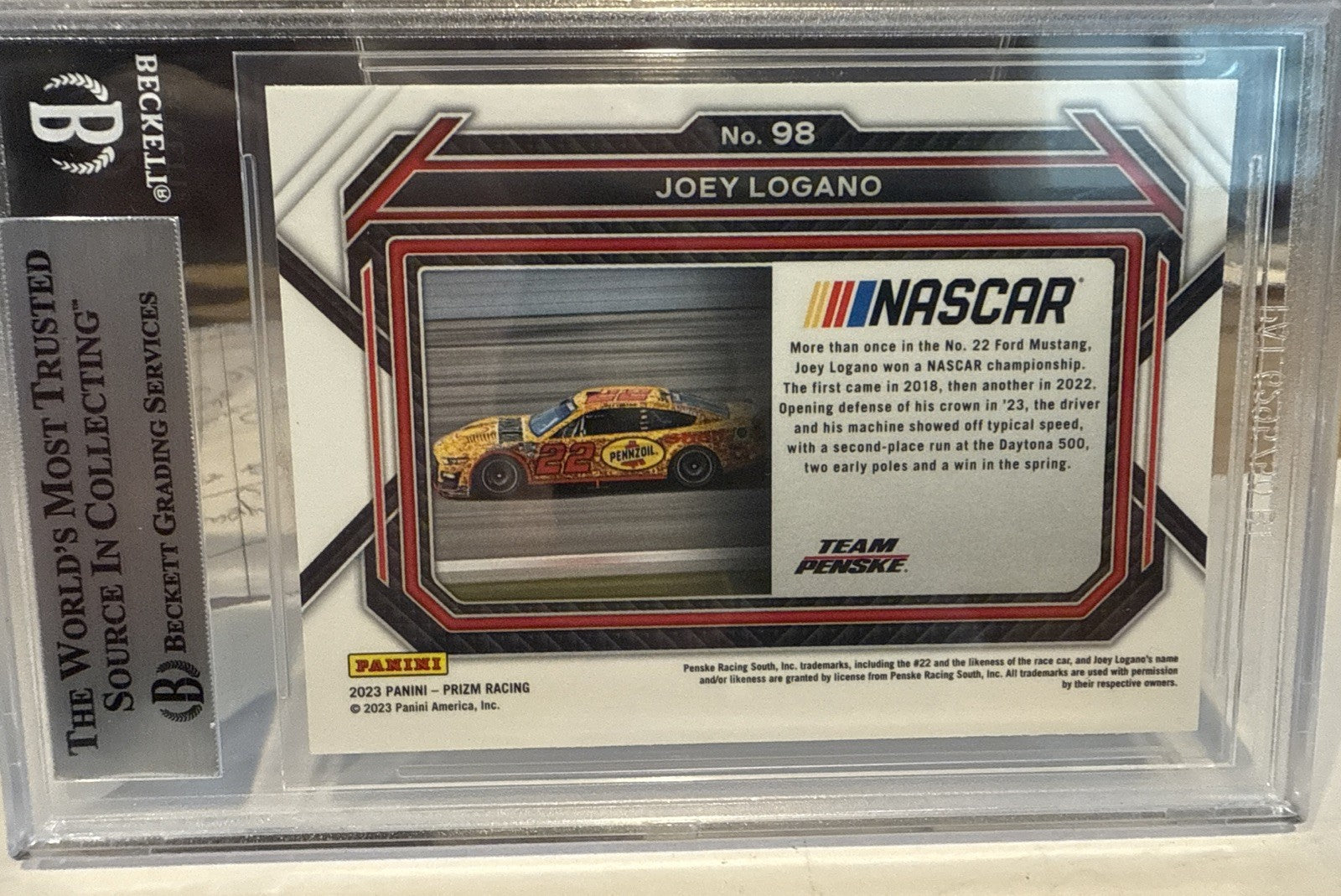 Joey Logano Signed 2023 Panini Prizm #98 Beckett BAS Slab