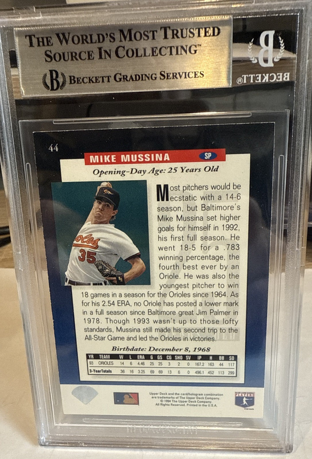 Signed 1994 Upper Deck Mike Mussina #44 - Beckett BAS Encased